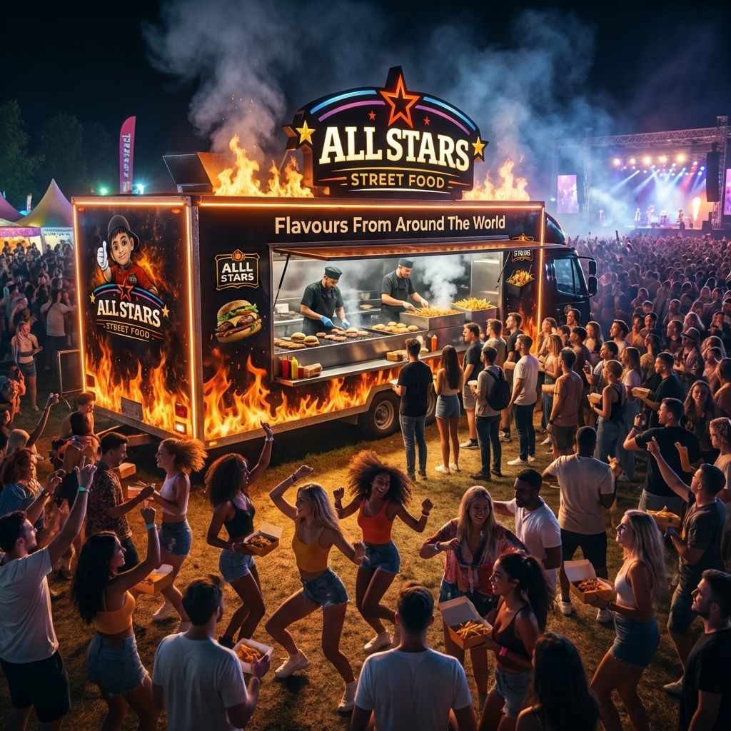 ALLSTARS STREET FOOD en festival con multitud y ambiente de street food